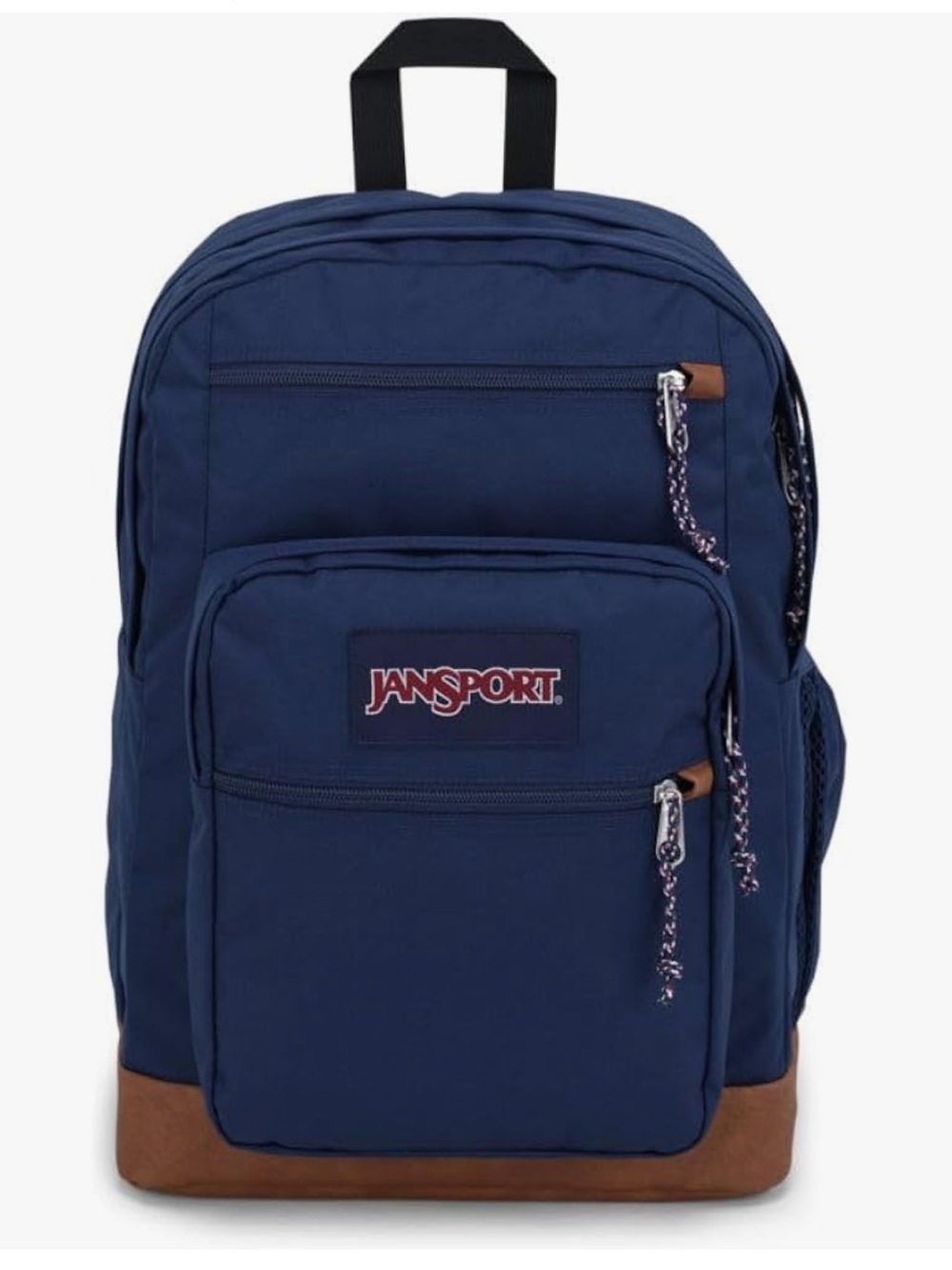 Jansport Navy Backpack with Brown Suede Base Cool Student Pockets Zipper